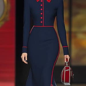 TEMU 우아한 라펠 칼라 A라인 드레스 - 네이비 블루 & 레드 핀스트라이프 긴팔 H라인 실루엣, 구조화된 허리 짧은 중간 길이 숏 드레스, 정장 이벤트, 항공사 스타일 의상 (세탁기 사용 가능)