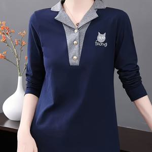 TEMU 여성용 우아한 긴팔 티셔츠 - 네이비블루 & + 고양이 귀 그래픽, 루즈핏 캐주얼&세미포멀 탑, 기계세탁 가능 봄/가을 레이어링 셔츠, 애니메이션에서 영감받은 디자인, 카라, 버튼플랙릿, 편안한 핏, 패딩없음, 풀오버 스타일, 봄 패션, 가을룩, 쾌적한 소재, 통기성 있는 원단