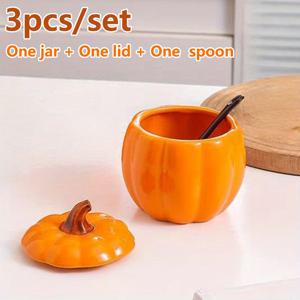 TEMU 3종 세트 - 귀여운 호박 모양 스파이스 병 1개 + 뚜껑 1개 + 스푼 1개, 세라믹 설탕 & 소금 통, 스파이스 & 디저트 용기, 수프 병, 완벽한 주방 & 식탁 액세서리, 할로윈 & 크리스마스 선물