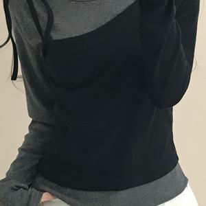 TEMU 컬러 블록 레이스업 라운드넥 코리안 스타일 가을 겨울 슬림핏 다용도 캐주얼 긴팔 투피스 T셔츠, 여성용 티셔츠, 시즌별 패션, 멀티탑, 트렌디한 디자인, 롱소매 셔츠, 부드러운 질감, 내구성 있는 소재, 세련된 블라우스, 여성용 티셔츠, 스트릿웨어 스타일, 오피스 캐주얼|블라우스|티셔츠|여성블라우스