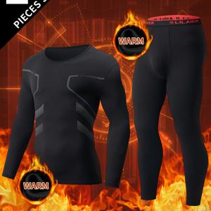 TEMU 2개 세트 남성용 보온 내의 - 긴팔 셔츠 & 팬츠, 풀지퍼 클로저, 라운드넥 베이스 레이어, 추운 날씨용 비겨울 보온, 손세탁 가능 (건조기 금지) - & 성인용 레터링 내의|잠옷|남자셔츠|셔츠