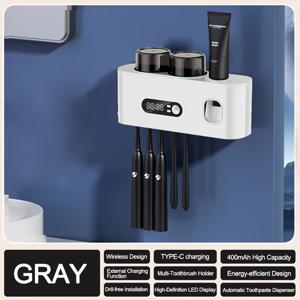 TEMU 1 스마트 칫솔 홀더 자동 치약 디스펜서 포함 - 벽걸이형, 5구획 수납, 내구성 플라스틱, USB 충전 배터리, 모던 욕실 정리대 & 홈 데코, 치약 거치대, 세련된 디자인, 현대적 장식, 오래가는 소재, 튼튼한 구조, 가족용