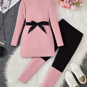 TEMU 여아용 가을/겨울 2피스 세트, 패션 캐주얼 스타일: 하이넥 롱 스웨터 드레스와 대조 패치워크 레깅스로 구성된 데일리 아웃도어 및 학교 모임 착용 - 백투스쿨 시즌 가을 겨울 선물 (벨트 포함), 완벽한 선택|가을원피스