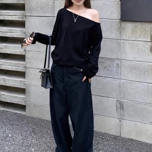 TEMU 여성용 블랙 오프숄더 긴팔 티셔츠 - 캐주얼 루즈핏, 단색, 풀오버 스타일, 가을에 완벽, 다용도 레이어링 피스, 캐주얼 웨어 | 스타일 | 편안한 핏, 여성용 티셔츠/티셔츠, 여성용 상의