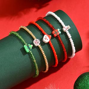 TEMU 수제 스타일 비즈 중심 크리스마스 참 팔찌 5개 세트 - 빨간색, 흰색, 녹색, 금색 & 갈색 인터로킹 탄성 코드 비즈와 하트, 눈송이, 나무 & 종 참 - DIY 휴일 주얼리 만들기, 축제 파티 선물, 성인용 선물 세트 (글리터 없음, 금속 없음, 사계절 착용) - 크리스마스, 새해, 데이, 생일 등에 이상적, 청소년용, 크리스마스 주얼리