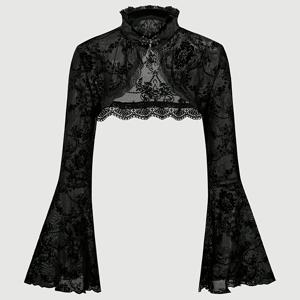 TEMU 여성용 우아한 블랙 플로럴 레이스 블라우스, 하이넥 및 벨 슬리브 - 사계절용 시크한 반팔 탑, 캐주얼 또는 정장에 완벽, 다용도 | 플로럴 레이스 블라우스 | 복잡한 레이스 디테일링, 여성용 레이스 탑, 셔츠용 여성용 블라우스, 여성용 블라우스와 탑, 여성용 스타일리시 탑, 여성용 블라우스