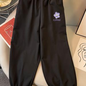 TEMU 2025 신상 여아 캐주얼 조거 팬츠 - 탄력성 허리밴드 & 커프스 디자인, 블랙 기하학 플로럴 앱리케, 루즈핏 봄/가을 바지, 편안한 캐주얼 웨어, 트렌디한 청소년 패션, 내구성 있는 아동복, 야외 활동용