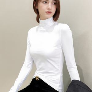 TEMU 여성용 화이트 하이넥 슬림핏 긴팔 티셔츠 - 우아한 레이어링 탑, 블라우스, 드레스, 스웨터 베이스 레이어, 주름 방지 세탁 가능 셔츠, 가을 겨울 봄 사무실 & 캐주얼 웨어