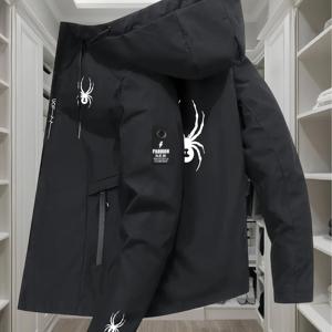 TEMU 남성용 연한 파란색 후드 지퍼업 재킷, 거미 그래픽 - 캐주얼 아웃도어 , 소프트쉘 디자인, 폴리에스터 안감, 레귤러 핏, 전면 포켓, 지퍼 포켓, 조절 가능한 끈 후드, 가을용, 라이더 레인 케이프, 남성용