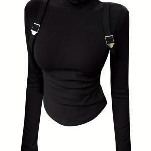 TEMU 여성용 슬림핏 하이넥 긴팔 티셔츠 - 블랙 텀미 컨트롤 H라인 실루엣, 벨트리스 허리 & 숏컷 백 스트랩 (부피 없음) - 겨울 레이어링 필수, 스트레치 오피스 투 파티 블라우스 - 손세탁 가능한 탑|반팔블라우스