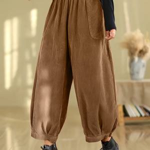 TEMU 여성용 브라운 와이드 레그 하렘 팬츠 - 솔리드 컬러 무스트레치 겨울 바지, 포켓 디자인, 스위핑 릴랙스 핏, 캐주얼 & 포멀웨어용 세탁기 사용 가능 (스트레치 없는 소재) - 드레스 & 스커트 코디용 바지