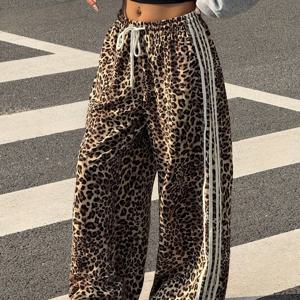 TEMU 여성 프린트 와이드 레그 팬츠 - 루즈핏 드로스트링 허리, 사이드 , 캐주얼 가을/겨울 트라우저, 데일리 & 포멀룩