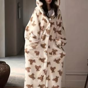 TEMU 여성용 겨울 플러시 후드 베어 & 하트 파자마 드레스 - 두꺼운 풀지퍼 긴팔 나이트가운 로브, 귀 달린 포근한 원피스 수면복 (손세탁 가능) - 귀여운 패턴 라운지웨어|잠옷|여성원피스|인견원피스