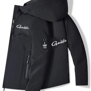 TEMU 남성용 GAMAKATS 로고 프린트 후드 방풍 재킷 - 한자 레터링 풀 지퍼 코트, 슬림핏 경량 아우터웨어 (사이클링, 낚시, 캐주얼용) - 기계 세탁 가능, 벨트리스 디자인 - GAMAKATSU 브랜딩 포켓