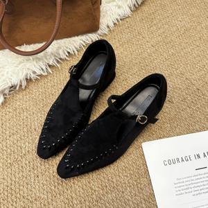 TEMU 프렌치 모카신 포인티드 토 메리 제인 슈즈 - 슬립온/미끄럼 방지 T바 버클 & 라운드 토 레이스 스티치, 사계절용 청키 블록 힐 (골든/탄/블랙) - 캐주얼 & 포멀 웨어용 인조 & 고무 밑창