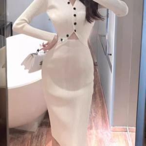 TEMU V넥 페이크 투피스 롱 스커트, 배 부분 강조 롱 슬리브 드레스, 허리 슬림 힙 스커트, 여성용 가을 겨울 원피스