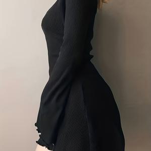 TEMU 크루넥 양상추 트림 드레스, 우아한 단색 심플한 드레스 봄 & 가을, 여성 의류