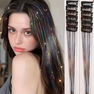 TEMU 12개 클립인 미디엄 합성 헤어 익스텐션, 여성용 패션 파티 선물 헤어 틴셀 팩 12개, 클립인 헤어 틴셀 20인치 컬러풀 글리터 틴셀 헤어 익스텐션