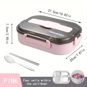 TEMU 304 스테인레스 스틸 라운지 박스, 1개, 3개의 구획이 있는, 직장인용, 비엔토 박스 스타일, 물을 담을 수 있는 열식품 용기, 휴대용 및 밀봉된 라운지 박스, 식기 포함, 식사 준비용 뚜껑|트라이탄밀폐용기