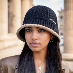 TEMU 편안한 양털 버킷 모자, 베이지 트림 - 가벼우며, 추운 날씨에 내성을 가지고 있으며, 가을과 겨울을 위한 세련된 블랙 앤 화이트 디자인, 캐주얼하거나 공식적인 행사에 완벽하며, 겨울용 모자 | 세련된 모자 | 가벼움