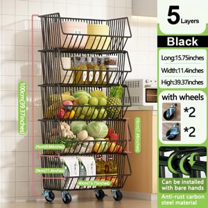 TEMU GDBY 다층 주방 수납 카트 - 5/4/3/2 레이어, 과일 및 채소용 쌓을 수 있는 금속 와이어 바구니, 팬트리, 욕실, 세탁실용 바퀴 달린 모바일 정리함|빨래바구니