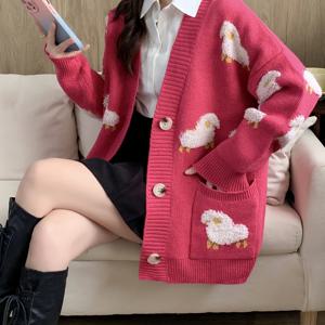 TEMU Y2K 여성용 플러스사이즈 두꺼운 가디건 - V넥 긴소매 동물 프린트 스웨터 포켓, 코지 가을 겨울 패션, 일본 한국 스타일, 귀여운 니트웨어, 겨울 옷장 필수품, 텍스처 니트