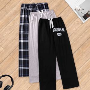 TEMU 2025년 여성 패션 캐주얼 바지 - 체크 프린트 및 블랙, 라이트 그레이 편안한 3피스 탄성 허리 밴드 (리본 디테일), 착용 가능한 라운지웨어 잠옷