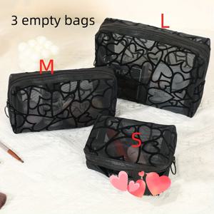 TEMU 3개, 하트 패턴 메쉬 메이크업 가방 - 여행용 통기성 화장품 파우치, 립스틱, 브러쉬, 전자기기, 여름 필수품 정리함 (블랙)|립스틱