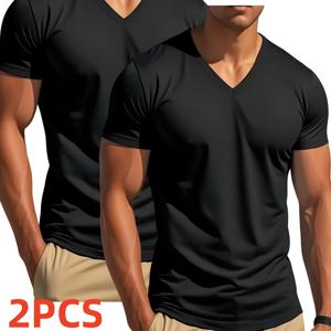 TEMU 남성용 솔리드 컬러 V넥 티셔츠, 2pcs/혼합 색상 세트, 여름 필수 아이템 | 빠른 건조 폴리에스터, 야외 러닝 및 트레이닝에 완벽, 기계 세탁 가능