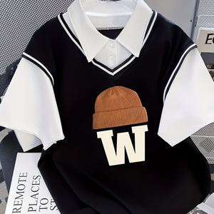 TEMU 폴로 셔츠 두 개의 미국 레트로 스트리트 엔터테인먼트 모자 문자 인쇄 2025 남성과 여성용 반팔 티셔츠 여름 하이 스트리트 패션 루즈 커플 탑