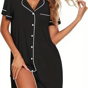 TEMU 여성용 우아한 블랙 반팔 파자마 세트 - 모달 소재, 우아한 라펠 칼라, 여름에 완벽한, 성인용 크기, 편안한 잠옷| 디자인|반팔 상의, 여성용 파자마