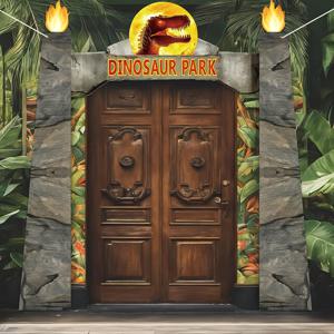 TEMU 디노 사자 생일 파티 포치 배너 - 디노 파크' 표시, 불꽃 & 잎 디자인으로 남녀 모두에게 사진 부스 속장, 디노 테마 이벤트 용품, 디노 방 데코