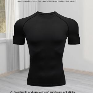 TEMU 남성용 퀵드라이 압축 운동 셔츠 1개 - 고탄력 수분 흡수 통기성 360° 무봉제 타이트핏 티셔츠, 체육관 러닝 트레이닝 야외 스포츠용, 블랙, 워크아웃 기어 | 슬릭 핏 셔츠 | 수분흡수 소재