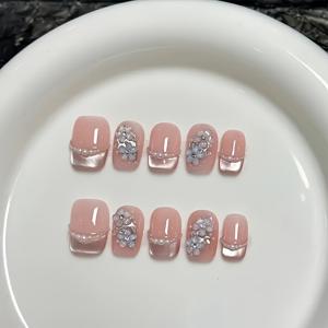 TEMU 10개 수제 짧은 스퀘어 프레스온 네일 - 핑크 플로럴 & 글리터 디자인, 벨벳 마감 네일 파일 & 젤리 글루 포함, 여성용 스위트 & 로맨틱 스타일, 캐주얼 복장용 쉬운 적용 인조 네일, 귀여운 짧은 네일, 우아한 네일 아트, 내구성 있는 프레슨