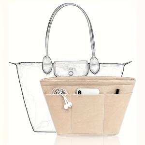 TEMU 지갑 정리함; 여러 포켓 액세서리를 삽입하기에 적합; 지퍼 포켓을 추가; 베이지; 지갑 보관 가방, 상단 지퍼, 핸드백을 위한 디자인, 12개의 포켓으로 키, 헤드폰, 립스틱, 액세서리, 거울, 카드, 아이라이너, 립글로스, 습기 보충제, 폰, 안경, 등에 특화.