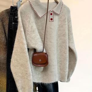 TEMU 여성용 한국풍 오버사이즈 소프트 베이지 & 스웨터 - 칼라, 긴팔 겨울 레이어링 블라우스, 가을/겨울용 포근한 루즈핏 가디건 (손세탁/드라이클리닝)