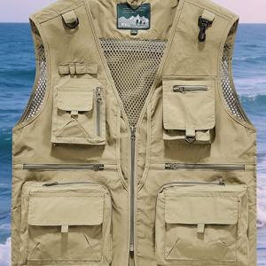 TEMU 다용도 포켓이 있는 남성용 전술 조끼 - 올리브 그린, 내구성 있는 폴리에스터, V넥, 야외 및 낚시용 지퍼 디자인, 캐주얼 착용, 아웃도어 기어 | 기능적 패션 | 폴리에스터 섬유 조끼, 낚시 조끼