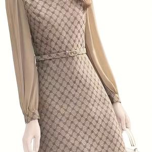 TEMU 여성용 우아한 하운드투스 프린트 A라인 드레스, 허리 조절 벨트 포함 - 짧은 재킷 스타일 소매 & 포켓 - 사계절 오피스에서 세미 포멀웨어까지 - 세탁기 사용 가능한 브라운/베이지 드레스 (신축성 없음)