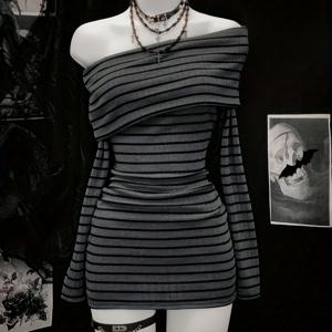 TEMU 고딕 오프숄더 드레스 여성용, 롱 슬리브 힙 랩핑 드레스, 다크 스타일 섹시 니치 디자인 미니 스커트