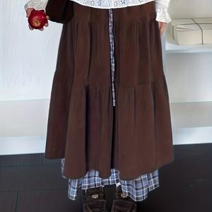 TEMU 여성용 헤비듀티 더블 레이어 빈티지 케이크 스커트 - 우아한 브라운, 세탁기 사용 가능, 가을/겨울용 비침 방지 원단, 정장 및 일상복 - 여성 패션 스커트, 겨울 옷장, 레이스업 디테일, 내구성 있는 구조, 스타일리시 하의, 캐주얼 웨어, 레트로 스타일, 고품질 소재, 사무실 의상, 여성용 롱 스커트, 플리츠 스커트, 플레어 스커트, 미니스커트