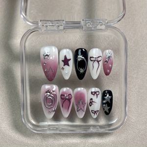 TEMU 1개 10pcs 핸드페인팅 블러쉬 유럽과 미국의 아몬드형 손톱, 핸드페인팅 갑옷, XINGX - 핑크-퍼플 그라데이션, 실버리한 별무늬와 보우가 장식된 사랑스럽고 시원한 Girly Heart Nail Art, 할로윈용 네일, 여성에게 적합한 수제 매니큐어 키트, 광택 있는 고품질 네일, 디자인 네일, 레이디즈 마니큐어, 패션을 사랑하는 분들께