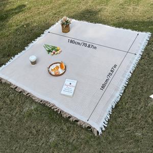 TEMU 세탁기 사용 가능 초대형 71*71인치 피크닉 담요, 태슬 장식 직조 야외 매트, 두꺼운 찢김 방지 피크닉 매트/침대 커버/소파 타월/다용도 행잉 담요, 스타일리시한 화이트 체크 디자인, 가정, 캠핑 및 해변 사용에 적합, 야외 담요, 담요, 피크닉 담요, 여름 담요, 레크리에이션 시트, 그랜드 시트, 해변 타월, 해변 액세서리, 피크닉 액세서리