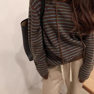 TEMU 여성용 우아한 후드티 - 조절 가능한 끈 후드가 있는 긴팔 풀오버 스웨트셔츠, 가을/겨울용 부드럽고 따뜻한 소재, 일상 및 정장용 - 브라운 & 블루 수평 줄무늬, 캐주얼 시크 스웨터, 여성용 스웨터 후디, 겨울 의류, 편안한 핏, 가을 패션, 스타일리시 후디, 포근한 소재, 여성용 상의, 오피스웨어, 여성용 가을 옷, 여성용 스웨트셔츠|셔츠