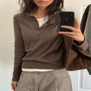 큐브라떼 버튼 헨리넥 레이어드 긴팔 티셔츠
