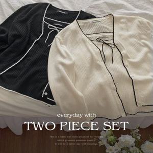[활용만점/데일리/여리핏][MADE] 루이나 배색라인 가디건+리본나시 니트세트set (44~110) (빅사이즈나시-빅사이즈가디건-투피스세트-물결짜임베이직핏-셋업-체형커버-군살커버)