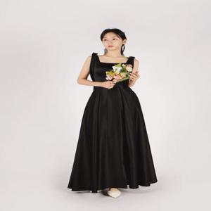 어깨리본 블랙 셀프웨딩 원피스 브라이덜샤워 스냅촬영 새틴 2부 드레스 XS-3XL