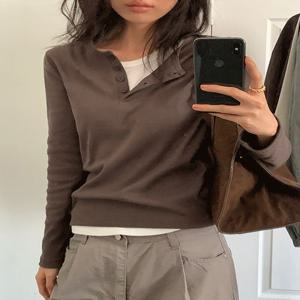 [인기폭주????] 큐브라떼 버튼 헨리넥 레이어드 긴팔 티셔츠