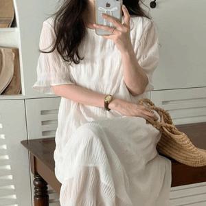 [당일발송, 무료배송] 라운드넥 여자 러블리 일자 캉캉 주름 쉬폰 롱원피스 러블리 심플 단아한 반팔 여름 봄 롱 드레스 화이트 민트 흰색 원피스 나들이룩 소풍 비치 해변 바캉스 휴양지 동남아 원피스 모임룩 엄마 돌잔치 촬영룩