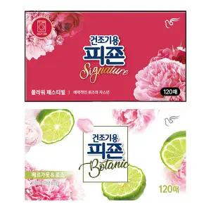 피죤 건조기용 드라이시트, 플라워페스티벌, 120매, 1개 + 베르가못로즈, 120매, 1개