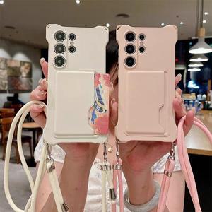 갤럭시 s24 s23 울트라 플러스 단색 컬러 매트 가죽 카드 지갑 로프 롱 스트랩 목걸이 케이스